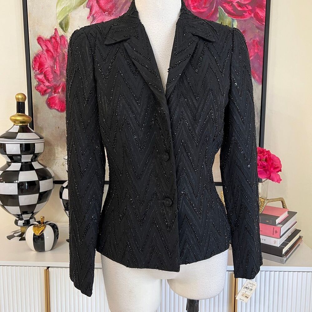 Carmen Marc Valvo Signature Women's Beaded Chevron Evening Jacket Black Sz 4 NWT